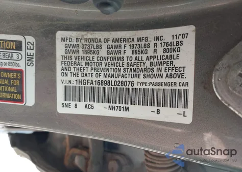 2008 Honda Civic Ex z USA, uszkodzony, nr VIN 1HGFA16898L028076